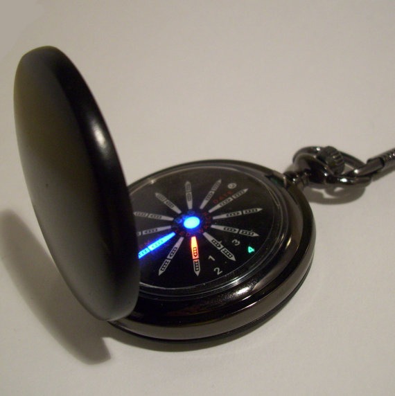 Small glossy black pocket watch with a red, green and blue LED display. Traditional with a science fiction, steampunk twist. steampunk buy now online