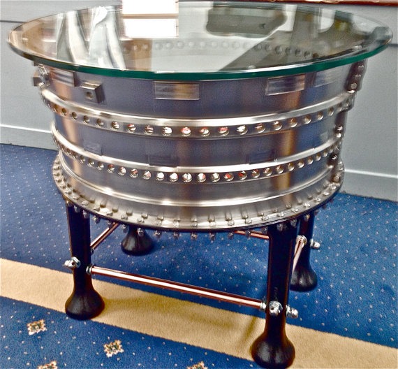 Thrust  A.totally unique titanium Jet Engine table body with Cast iron legs, hand painted internal table insert, 10mm toughened glass top steampunk buy now online