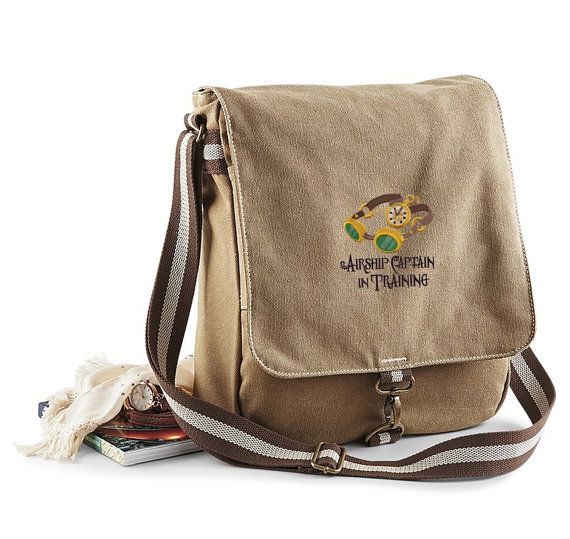 Vintage Canvas Messenger Bag with Embroidered 'Airship Captain In Training' Goggles and Compass. steampunk buy now online