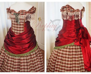 Wine Red Checked Ball Gown size UK 14  / Pleated Long Skirt Red Bustle steampunk buy now online