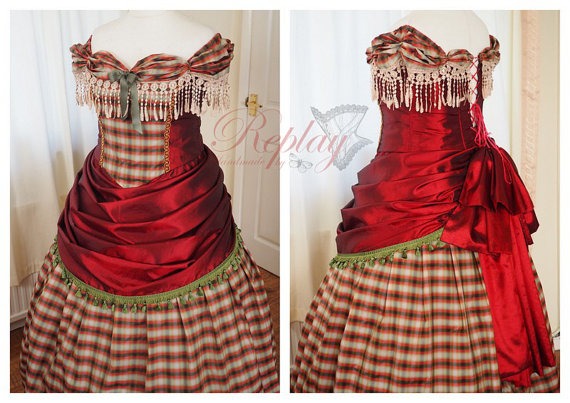Wine Red Checked Ball Gown size UK 14  / Pleated Long Skirt Red Bustle steampunk buy now online
