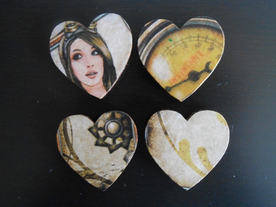 Set of 4 steampunk heart magnet, decoupage magnet, wooden heart magnet, fridge magnet steampunk buy now online