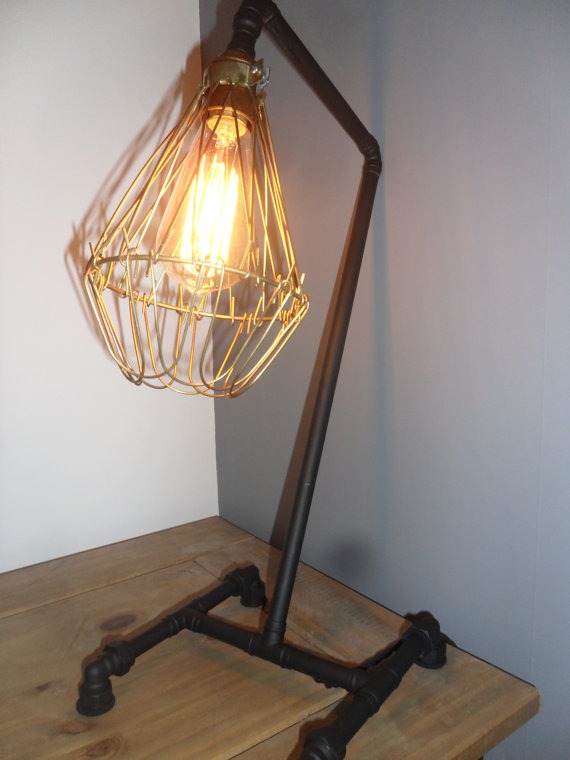 Copper Industrial Table Lamp In Matt Black With Vintage Brass Cage & Edison Style Light Bulb steampunk buy now online