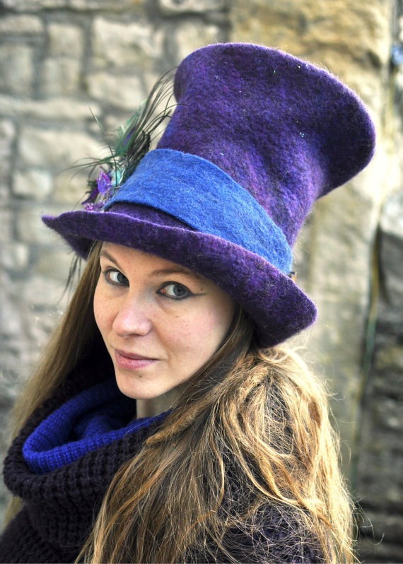 Super tall felted wool Top Hat felt Topper 'The Bubbles' - Fiber ARtWeAR - custom millinery Made to Measure festival headpiece faery costume steampunk buy now online