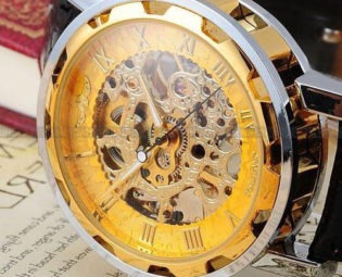 Classic Men's Gold Dial Skeleton Black Leather Mechanical Sport Army Wrist Watch steampunk buy now online