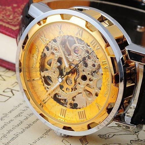 Classic Men's Gold Dial Skeleton Black Leather Mechanical Sport Army Wrist Watch steampunk buy now online