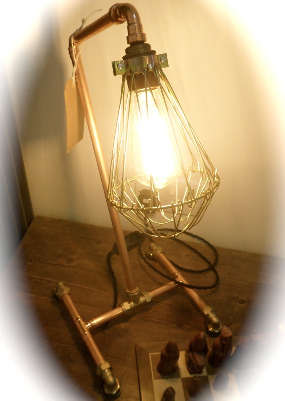 Copper Industrial Table Lamp With Vintage Brass Cage & Edison Style Light Bulb steampunk buy now online