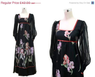ON SALE - Kati at Laura Phillips - 70's Designer Vintage Dress - Black Chiffon Dress - Coral Velvet Trim - Floral Print - Maxi Dress - Eveni steampunk buy now online