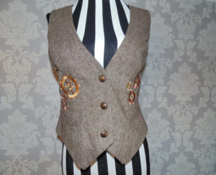 Upcycled Steampunk Themed Embroidered Tweed Waistcoat UK Size 16 steampunk buy now online