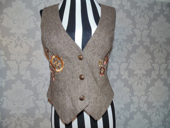 Upcycled Steampunk Themed Embroidered Tweed Waistcoat UK Size 16 steampunk buy now online