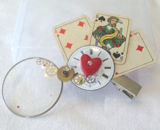 OOAK Steampunk Alice in Wonderland Monocle style hairclip ~ Vintage German miniature playing cards, Optical lenses and Watch face steampunk buy now online