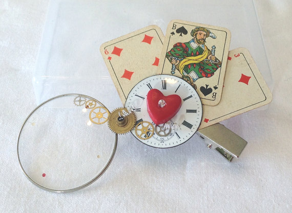 OOAK Steampunk Alice in Wonderland Monocle style hairclip ~ Vintage German miniature playing cards, Optical lenses and Watch face steampunk buy now online