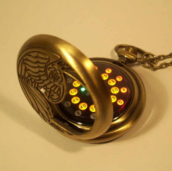 Bronze phoenix LED pocket watch with a red, amber and green display. Classic half hunter fob watch with a whymsical steampunk twist. steampunk buy now online