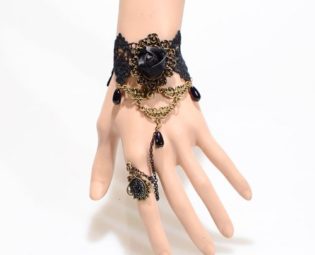 Amybria Jewelry Steampunk Crochet Black Lace Bracelet Copper Chain Rose Flower Rings Bangle steampunk buy now online