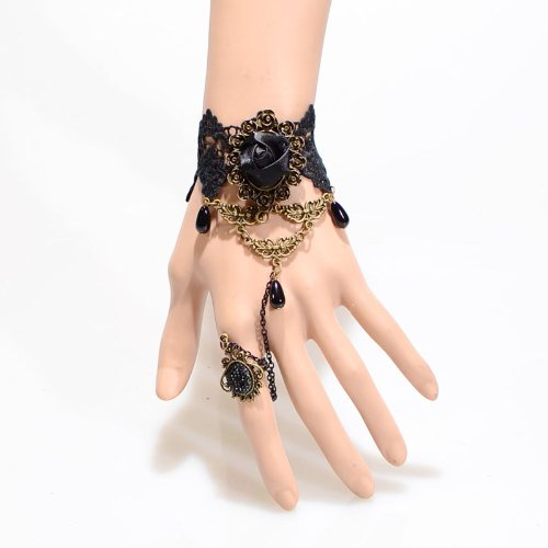 Amybria Jewelry Steampunk Crochet Black Lace Bracelet Copper Chain Rose Flower Rings Bangle steampunk buy now online