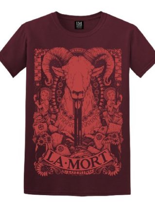 La Mort Clothing. Ram & Tooth T Shirt. Red Print on Burgundy. Size Small steampunk buy now online