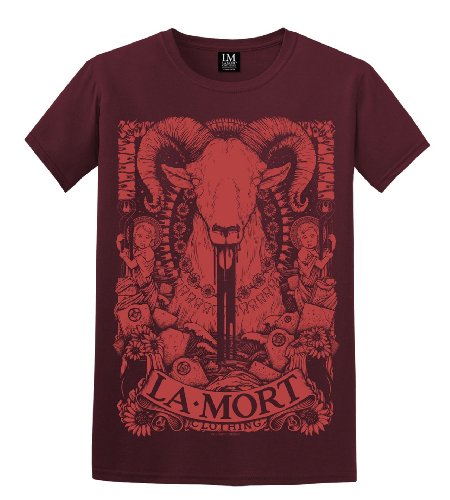 La Mort Clothing. Ram & Tooth T Shirt. Red Print on Burgundy. Size Small steampunk buy now online