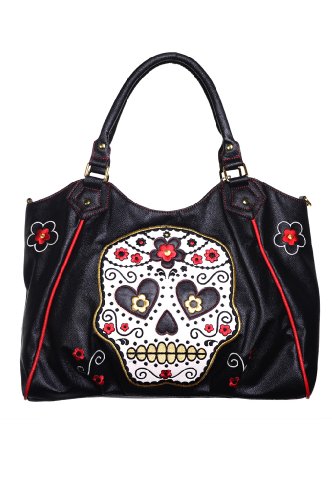 BANNED NEW BLACK SUGAR SKULL SHOULDER BAG BLACK FAUX LEATHER TATTOO ROCKABILLY steampunk buy now online