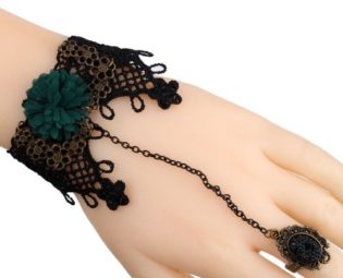 Amybria Jewelry Steampunk Black Crochet Lace Green Flower Copper Chain Tassel Bracelet Rings Set steampunk buy now online