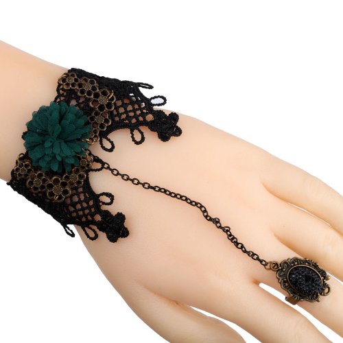 Amybria Jewelry Steampunk Black Crochet Lace Green Flower Copper Chain Tassel Bracelet Rings Set steampunk buy now online