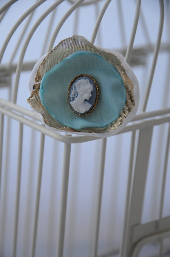 Turquoise, white & gold flower hairclip with vintage cameo centre / jewelry center, hair slide, clip, shabby chic fabric hair accessory steampunk buy now online
