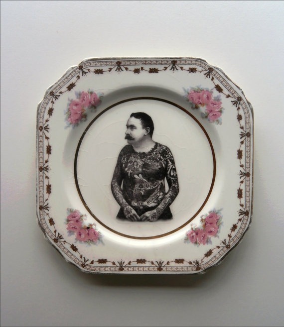 Vintage Victorian Moustache Tattooed Man Plate Altered Art steampunk buy now online
