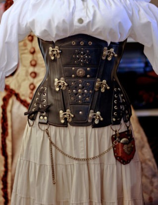 36 1/2" waist  Steampunk UnderBust Explorer Corset Veggie Leather Black Unique one off steampunk buy now online