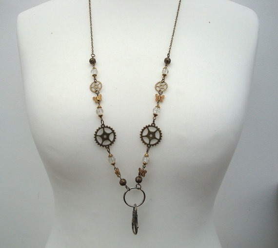 id badge beaded lanyard - steampunk cogs, beads, butterflies, bronze chain - glasses chain holder, key ring steampunk buy now online