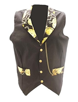 Size Medium - Black Steampunk Cotton Waistcoat With Time Piece Print, Brass Poppers & Chain Detail steampunk buy now online