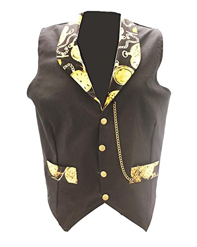 Size Medium - Black Steampunk Cotton Waistcoat With Time Piece Print, Brass Poppers & Chain Detail steampunk buy now online