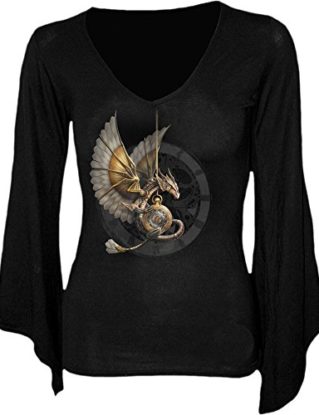 Spiral - Women - STEAMPUNK DRAGON - V Neck Goth Sleeve Top Black - X-Large steampunk buy now online