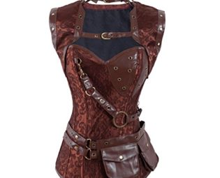 KMFEIL Lady Steel Boned Corset Sleeveless Steampunk Bustier Jacket with Belt S Coffee steampunk buy now online