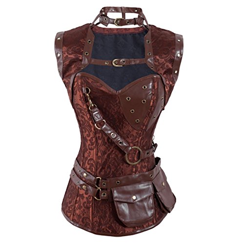 KMFEIL Lady Steel Boned Corset Sleeveless Steampunk Bustier Jacket with Belt S Coffee steampunk buy now online