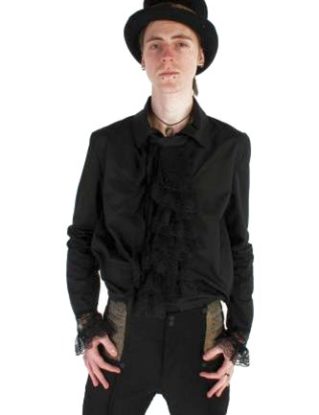 Black Cotton Steampunk style mens shirt, frilled cuffs & detachable ruffle. Size XL steampunk buy now online