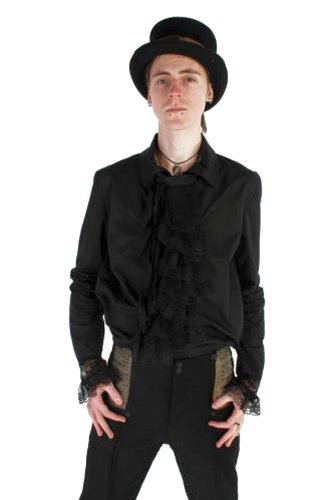 Black Cotton Steampunk style mens shirt, frilled cuffs & detachable ruffle. Size XL steampunk buy now online