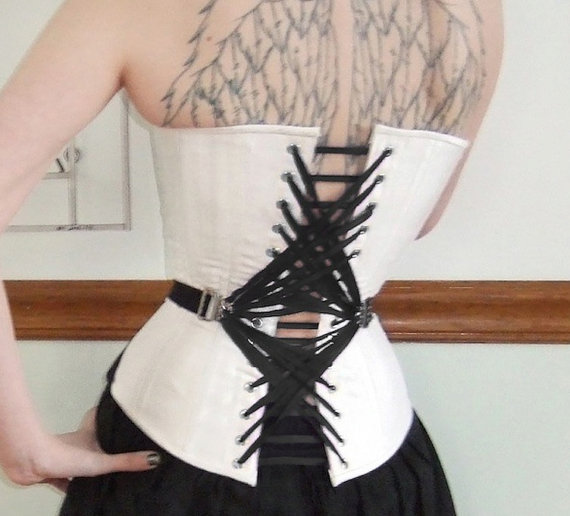 SALE- Fan Lacing Steampunk Corset- overbust, steel boned, custom made, white silk by corsetwonderland steampunk buy now online