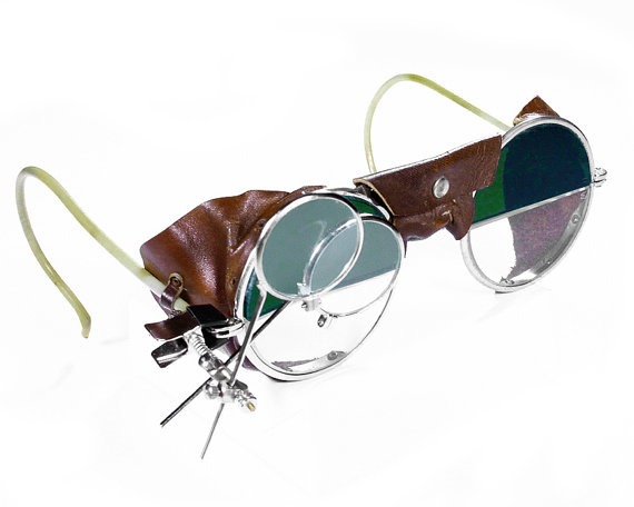 Steampunk Goggles Antique Rare Two Tone Steam Punk Glasses GREEN & Clear LEATHER Side Shields Loupes PHENOMENAL Condition - by edmdesigns by edmdesigns steampunk buy now online