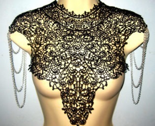 Steampunk Victorian black lace high collar shoulder necklace epaulettes 'Body Tattoo' featured on VOGUE.IT Burning Man. by WhiteLotusCouture steampunk buy now online