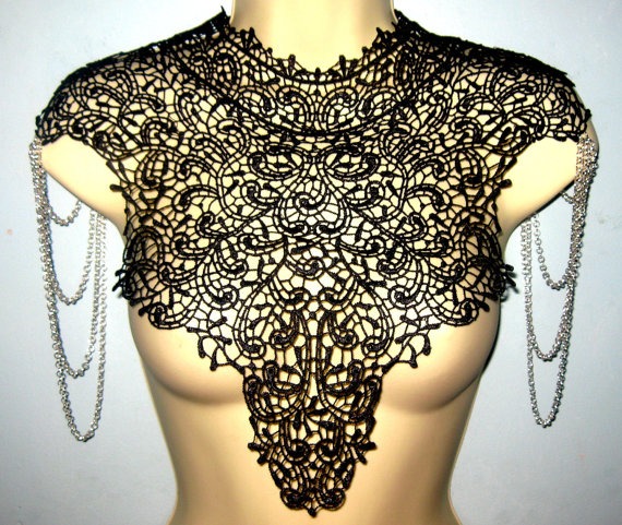 Steampunk Victorian black lace high collar shoulder necklace epaulettes 'Body Tattoo' featured on VOGUE.IT Burning Man. by WhiteLotusCouture steampunk buy now online