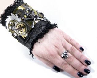 Steampunk Cuff APOCALYPTIC Black Leather SPIN Brass Gears Silver Saw Tooth Skull INDuSTRIAL Rocker Cuff - Steampunk Clothing by edmdesigns by edmdesigns steampunk buy now online