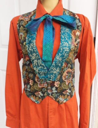 Upcycled Steampunk Clothing, Joker Costume Brocade Vest with Satin Lining, Orange Button-up Shirt and Handmade Turquoise Cotton Bow Tie by enduredesigns steampunk buy now online