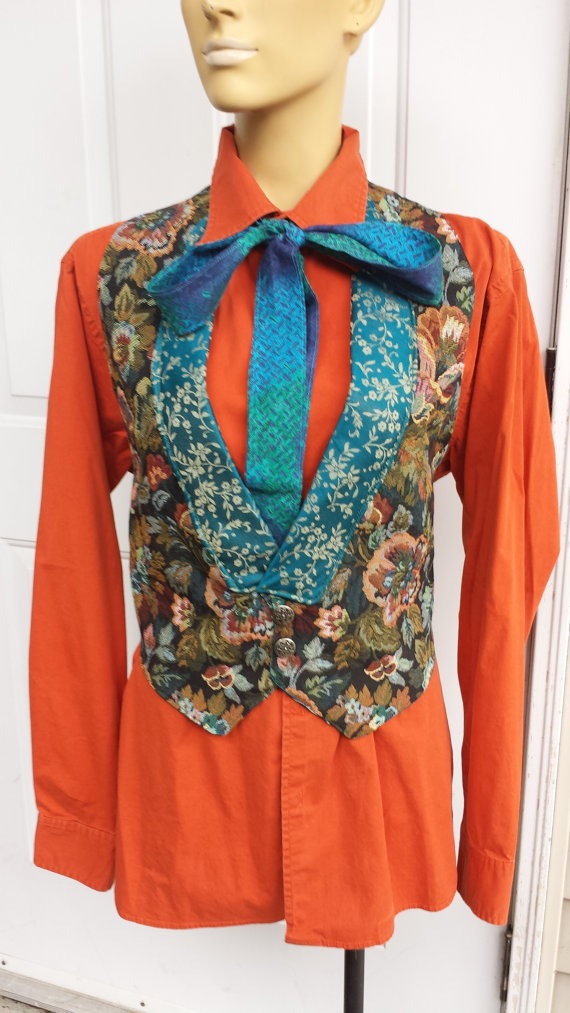 Upcycled Steampunk Clothing, Joker Costume Brocade Vest with Satin Lining, Orange Button-up Shirt and Handmade Turquoise Cotton Bow Tie by enduredesigns steampunk buy now online