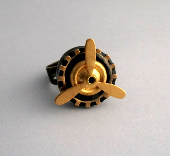 Steampunk ring propeller aviator pilot adjustable spinning antique brass polymer clay womens jewelry LARP clothing accessories geekery by blackunicorndesigns steampunk buy now online