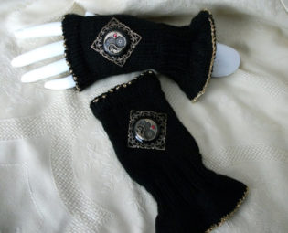 Steampunk mittens fingerless gloves black and brass hand knitted filigree with cogs gears ruby crystal womens clothing larp accessories by blackunicorndesigns steampunk buy now online