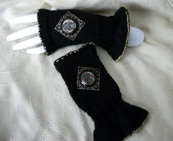 Steampunk mittens fingerless gloves black and brass hand knitted filigree with cogs gears ruby crystal womens clothing larp accessories by blackunicorndesigns steampunk buy now online