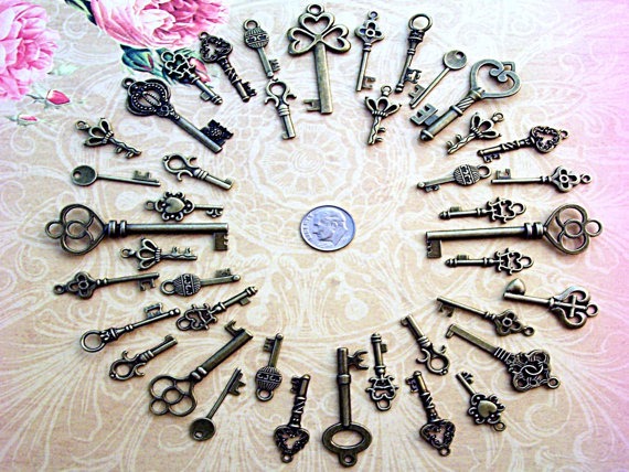 40 Steampunk Skeleton Keys Brass Charms Jewelry Gothic Wedding Beads Supplies Pendant Set Collection Reproduction Vintage Antique Look Craft by AKeyToHerHeart steampunk buy now online