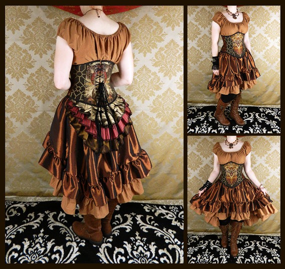 Full Victorian Steampunk Ensemble - 4 pc Set - Copper, Espresso, Russet, Gold - Custom Made in Your Size, Choose Your Corset Style by VeneficaCorsetry steampunk buy now online