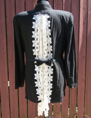Steampunk Black Denim Duster Jacket with Ivory Doily and Bow Tie Accent - Junk Gypsy Clothing - Size 8 by BeaUniqueDesigns steampunk buy now online