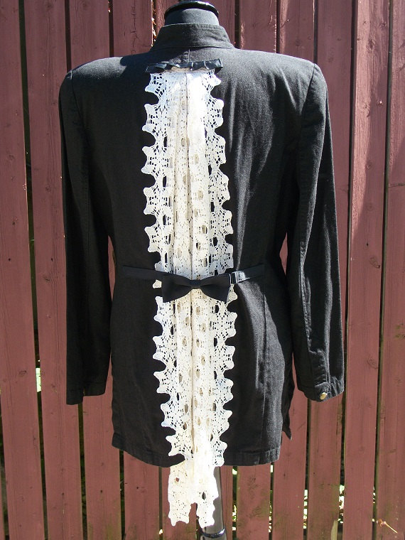 Steampunk Black Denim Duster Jacket with Ivory Doily and Bow Tie Accent - Junk Gypsy Clothing - Size 8 by BeaUniqueDesigns steampunk buy now online