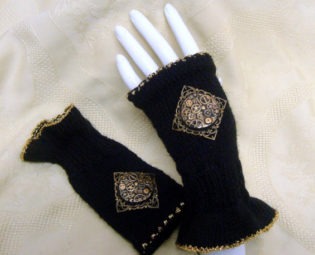 Steampunk mittens fingerless gloves black and brass hand knitted filigree with cog and gears womens clothing larp accessories winter warm by blackunicorndesigns steampunk buy now online